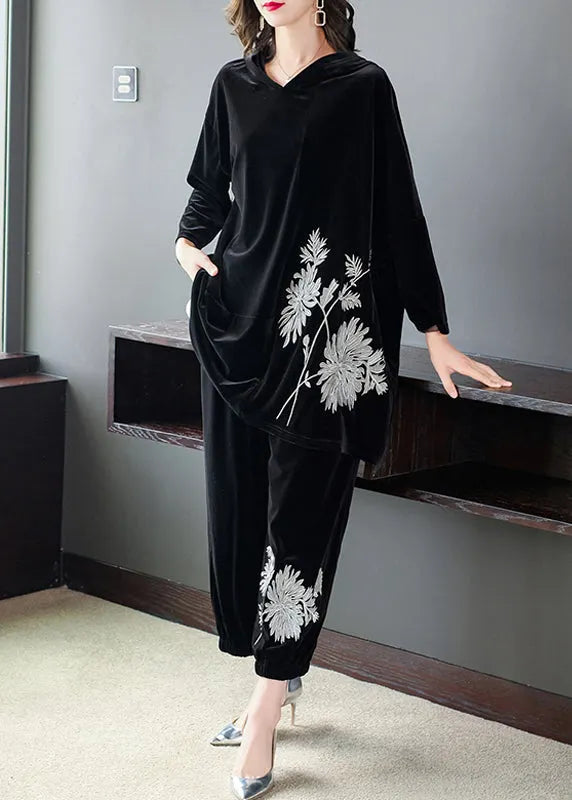 Black Embroideried Velour Top and Pants Two Pieces Set Fall