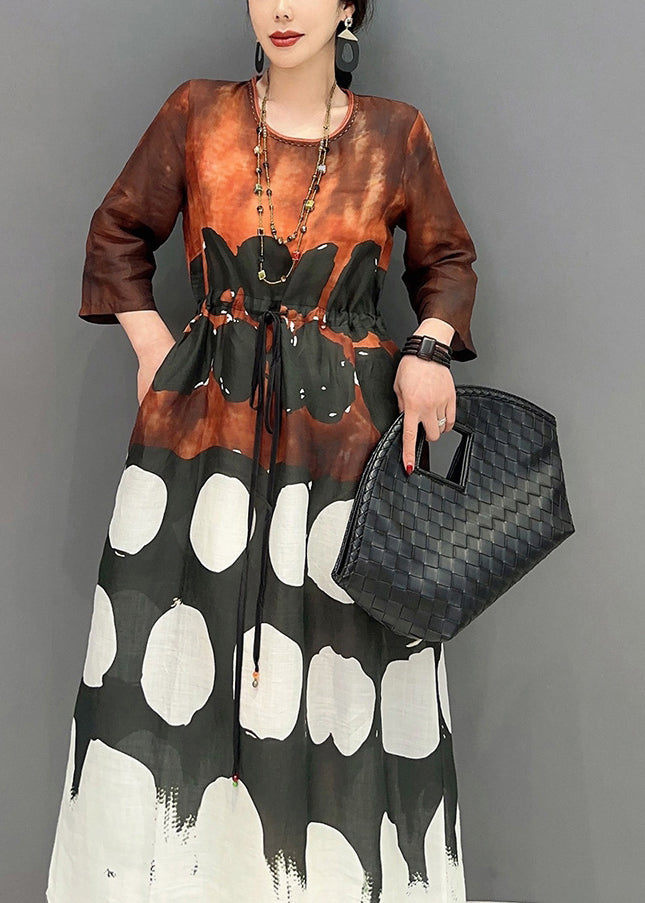 O-neck Cinched Print Long Dress Bracelet Sleeve