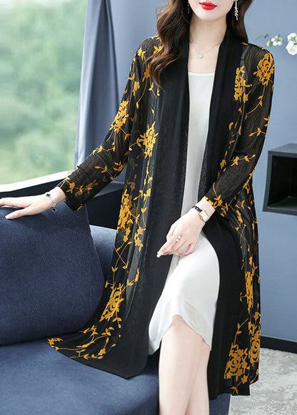 Yellow V Neck Print Long Ice Size Chiffon Cardigans Summer
