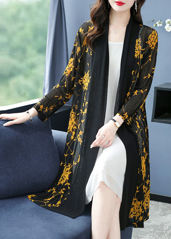 Yellow V Neck Print Long Ice Size Chiffon Cardigans Summer
