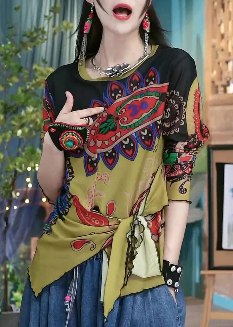Colorblock Print Lace Up Cotton Top Long Sleeve