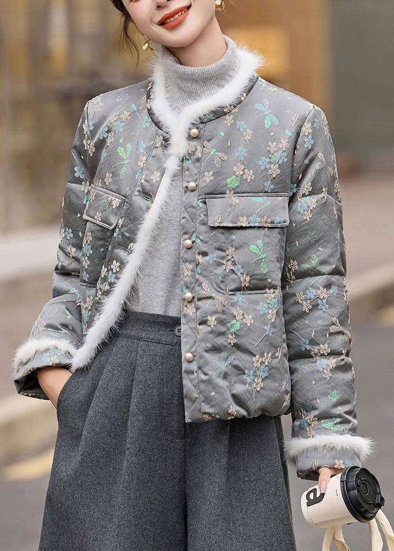 Grey O Neck Jacquard Duck Down Winter Coats