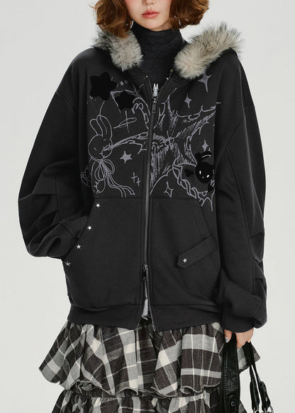 Dark Grey Fur Collar Patchwork Cotton Hooded Coat Spring