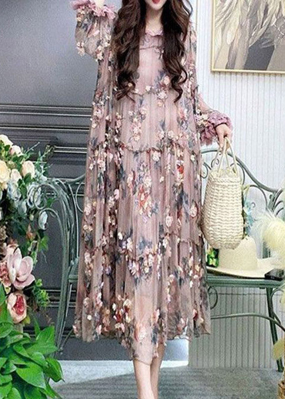 Modern Embroidered Ruffled Tulle Long Dress Lantern Sleeve Summer
