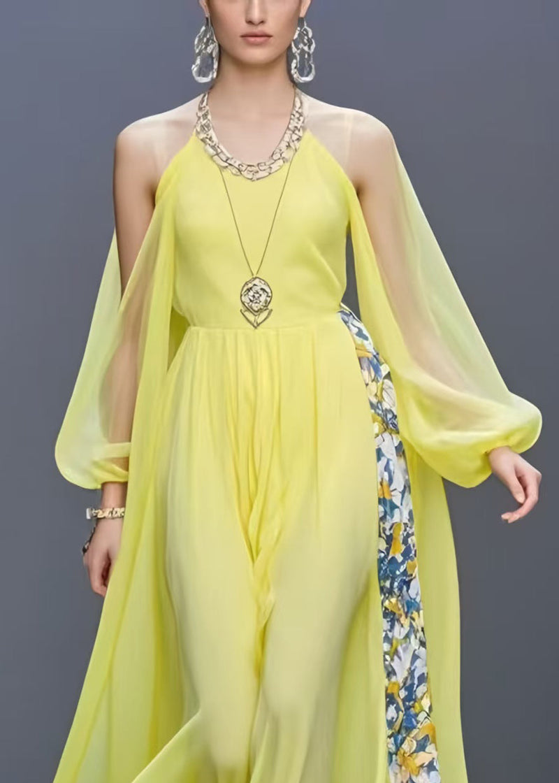 Yellow Cold Shoulder Patchwork Chiffon Long Dress Summer