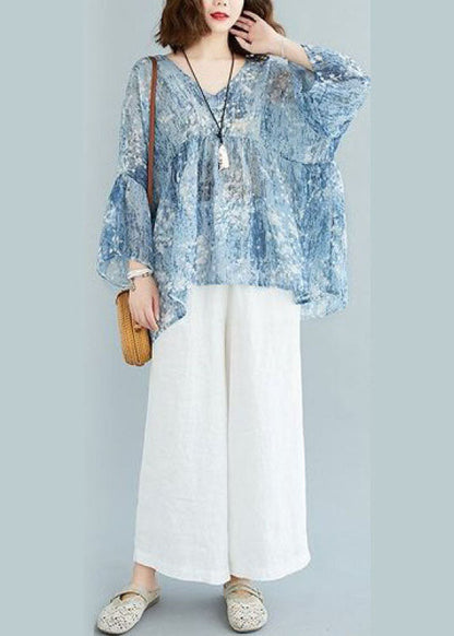 Yellow Loose V Neck Print Patchwork Fall Tops Half Sleeve