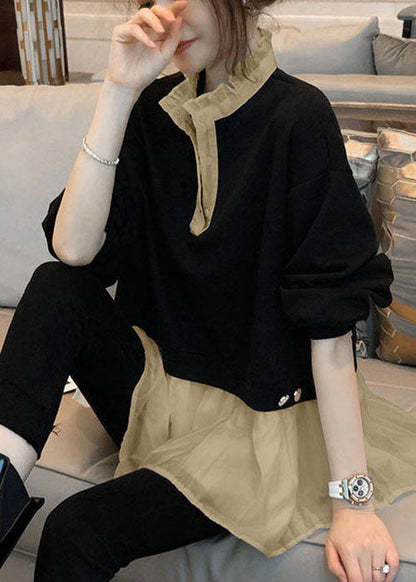 Diy Black Ruffled Patchwork Cotton Fake Two Piece Shirts Spring