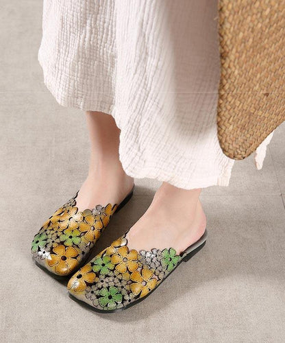 Green Cowhide Leather Hollow Out Slide Sandals for