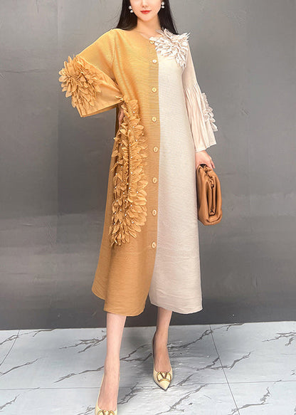 Classy Yellow Button Patchwork Silk Dress Fall