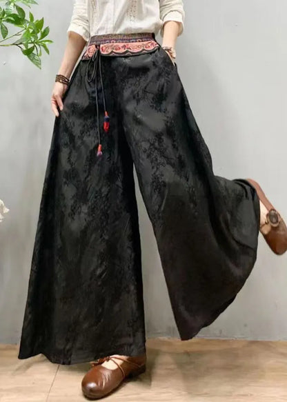 Black Embroidered Patchwork Silk Wide Leg Pants Spring