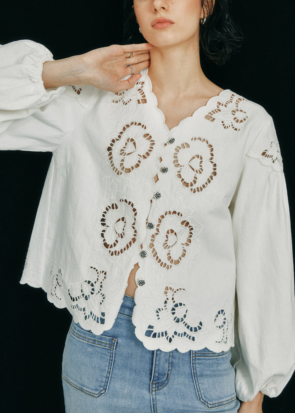 French Blue V Neck Hollow Out Cotton Shirt Top Fall