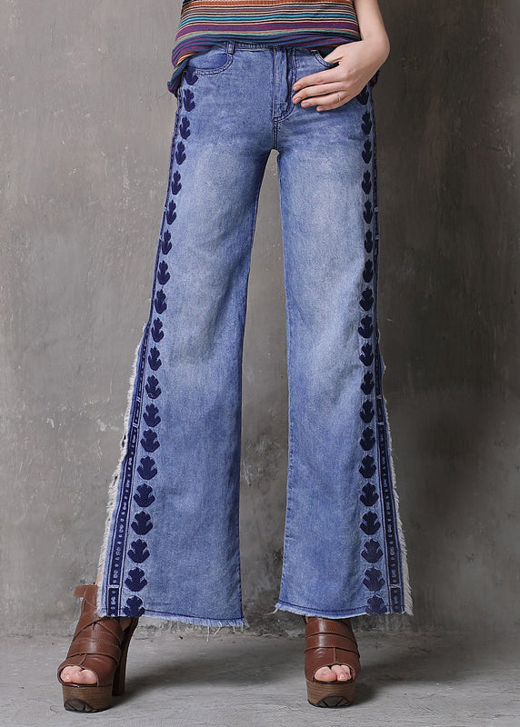 Light Blue Embroidered Side Open Pockets High Waist Jeans Summer