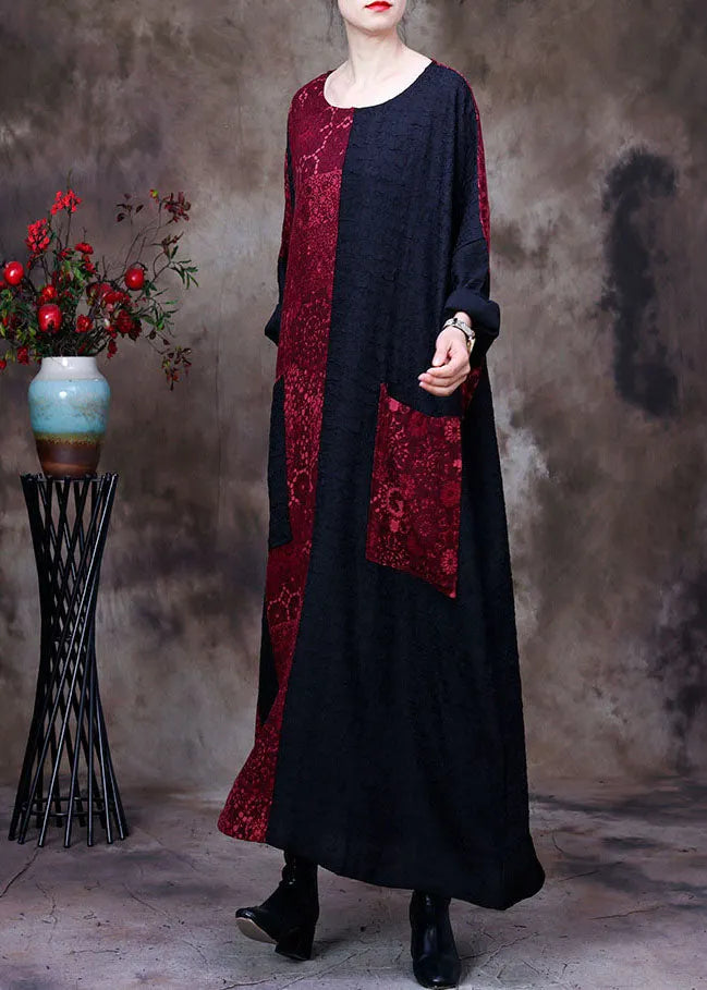 Black Patchwork Red O-neck Pockets Silk Dresses Spring