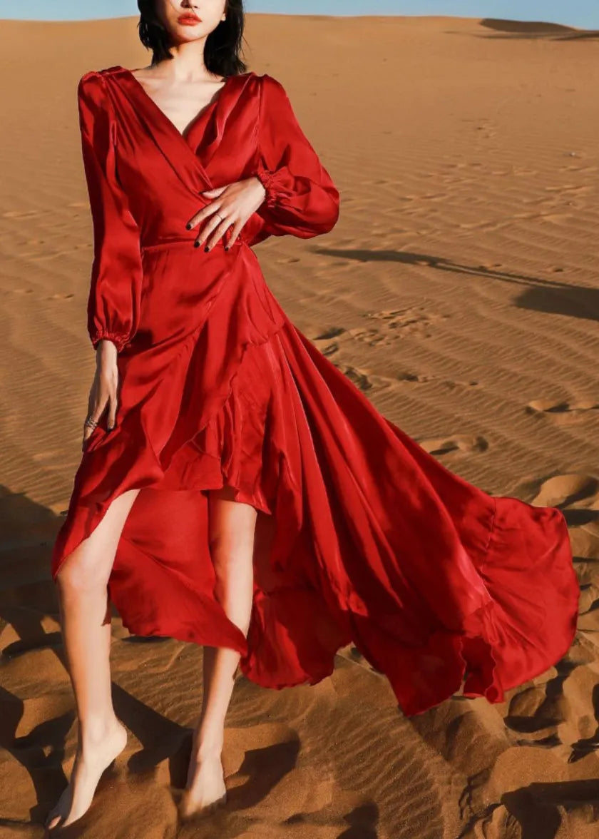 Italian Wine Red V Neck Low High Design Cotton Robe Dresses Fall
