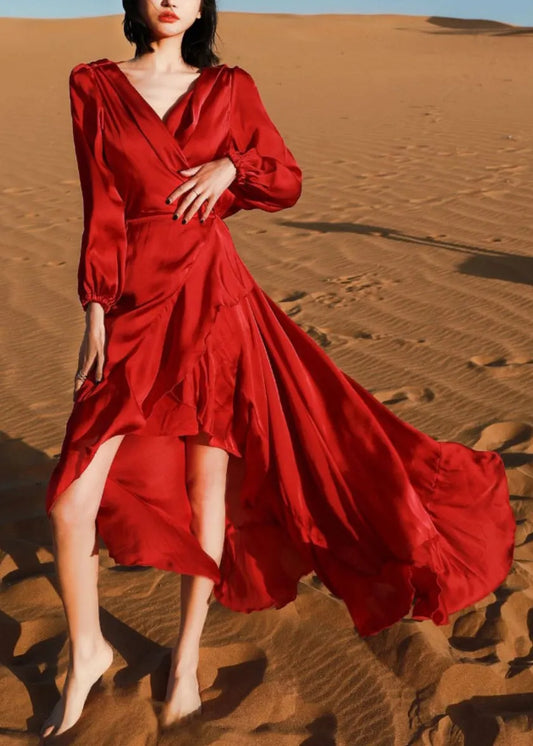 Italian Wine Red V Neck Low High Design Cotton Robe Dresses Fall