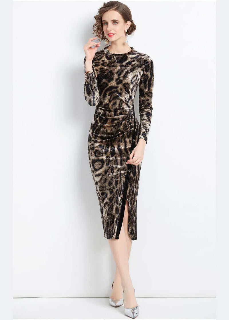 Slim Fit Leopard Print Side Open Wraped Silk Velour Dress Fall