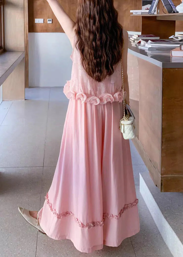 Art Pink Ruffled Tank and Wide Leg Pants Cotton Two Pieces Set Sleeveless