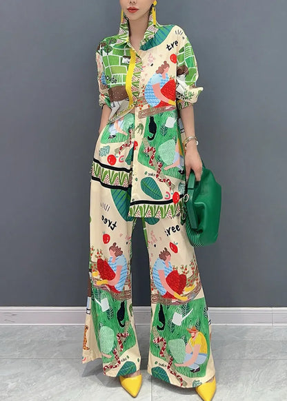 Multicolor Peter Pan Collar Print Shirts and Wide Leg Pants Two Pieces Set Fall