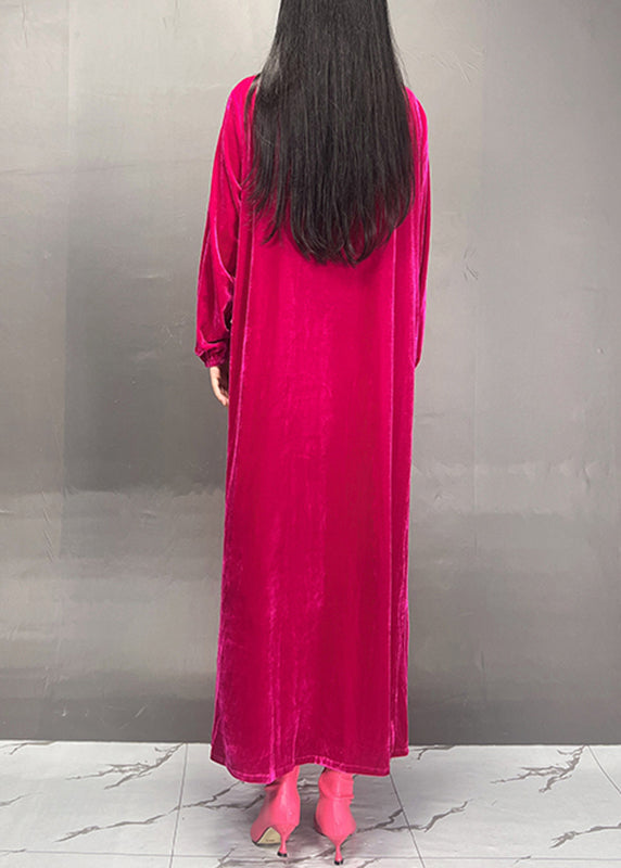 Handmade Rose O-neck Wrinkled Velour Maxi Dresses Fall