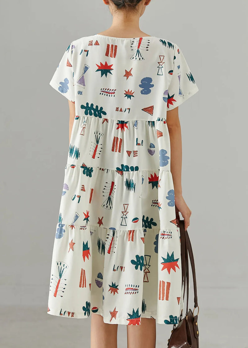 Stylish White O-neck Print Mid Dress Summer