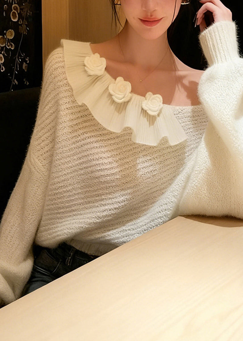 French White One Shoulder Decorated Knit Sweater Winter