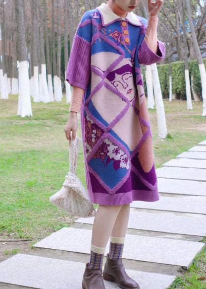 Purple Peter Pan Collar Print Warm Cotton Knit Long Sweaters Dress Fall