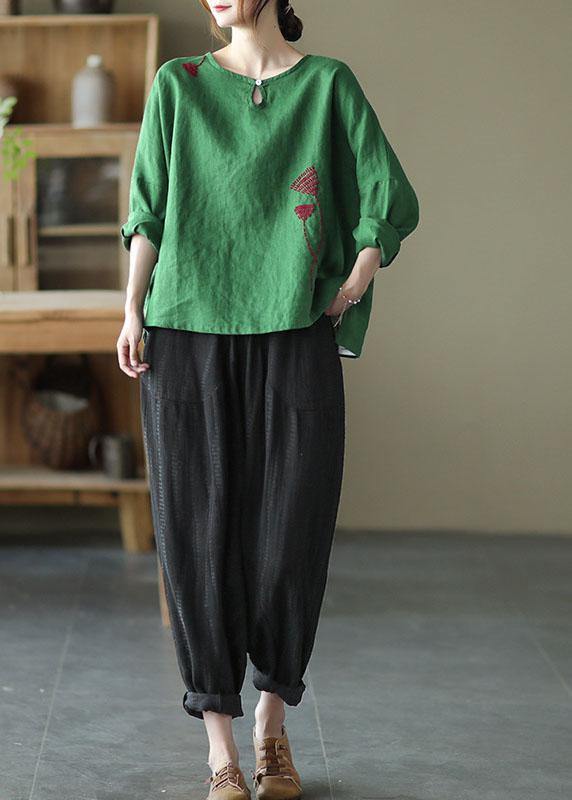 Green Loose Embroideried Fall Cotton Blend Shirt Tops Long Sleeve
