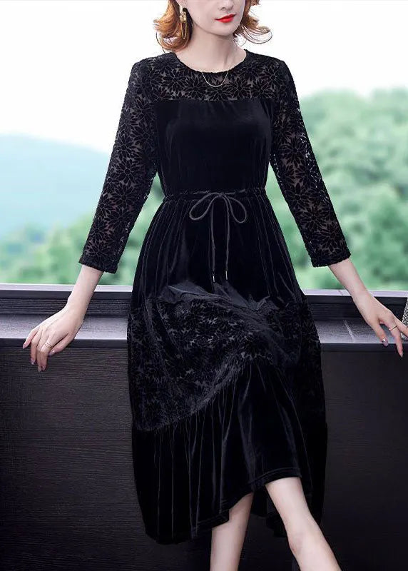 Black O-neck Patchwork Tie Waist Silk Velour Dress Bracelet Sleeve