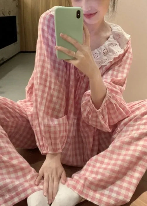 Art Pink Plaid Lace Patchwork Cotton Pajamas Two Pieces Set Fall
