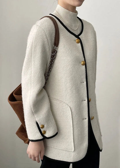 White Pockets Patchwork Woolen Coat Long Sleeve