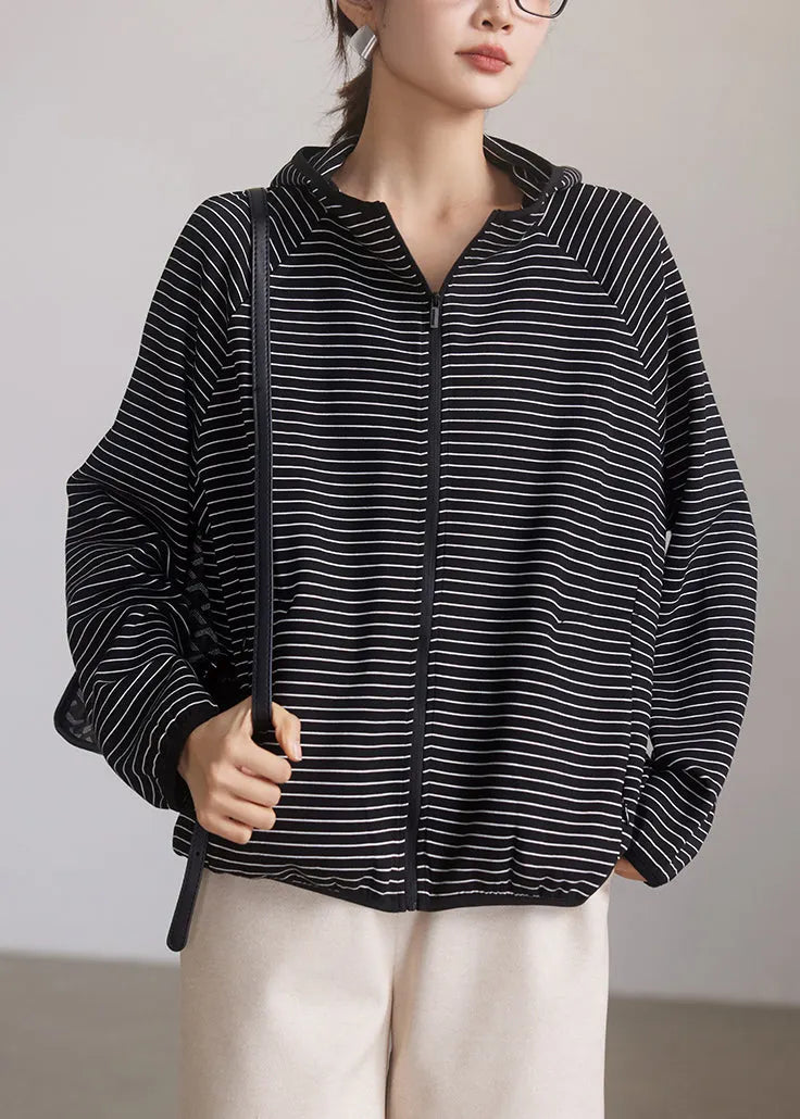 Striped Hooded Zippered Pockets Cotton Coat Spring