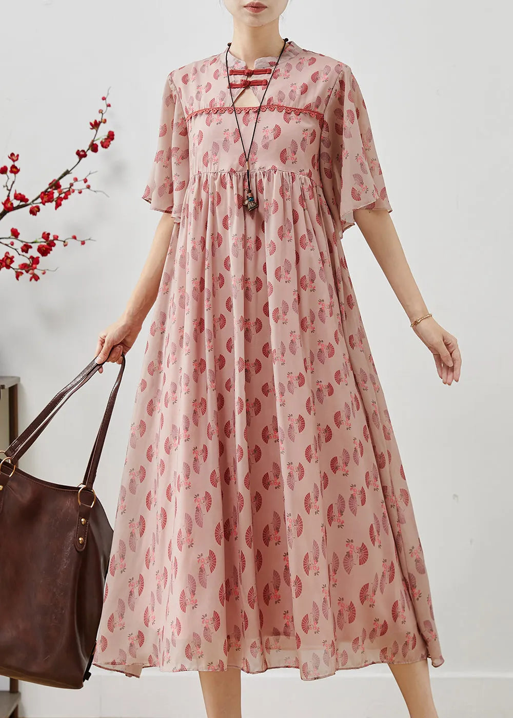 Pink Chinese Button Print Chiffon Dress Summer