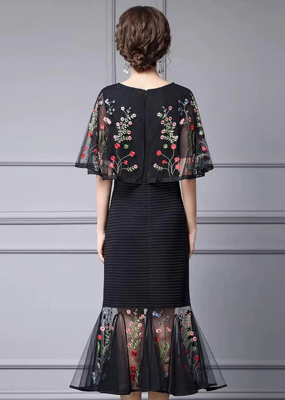 Fine Black Cape Style Dresses Multicolor Embroidered Summer