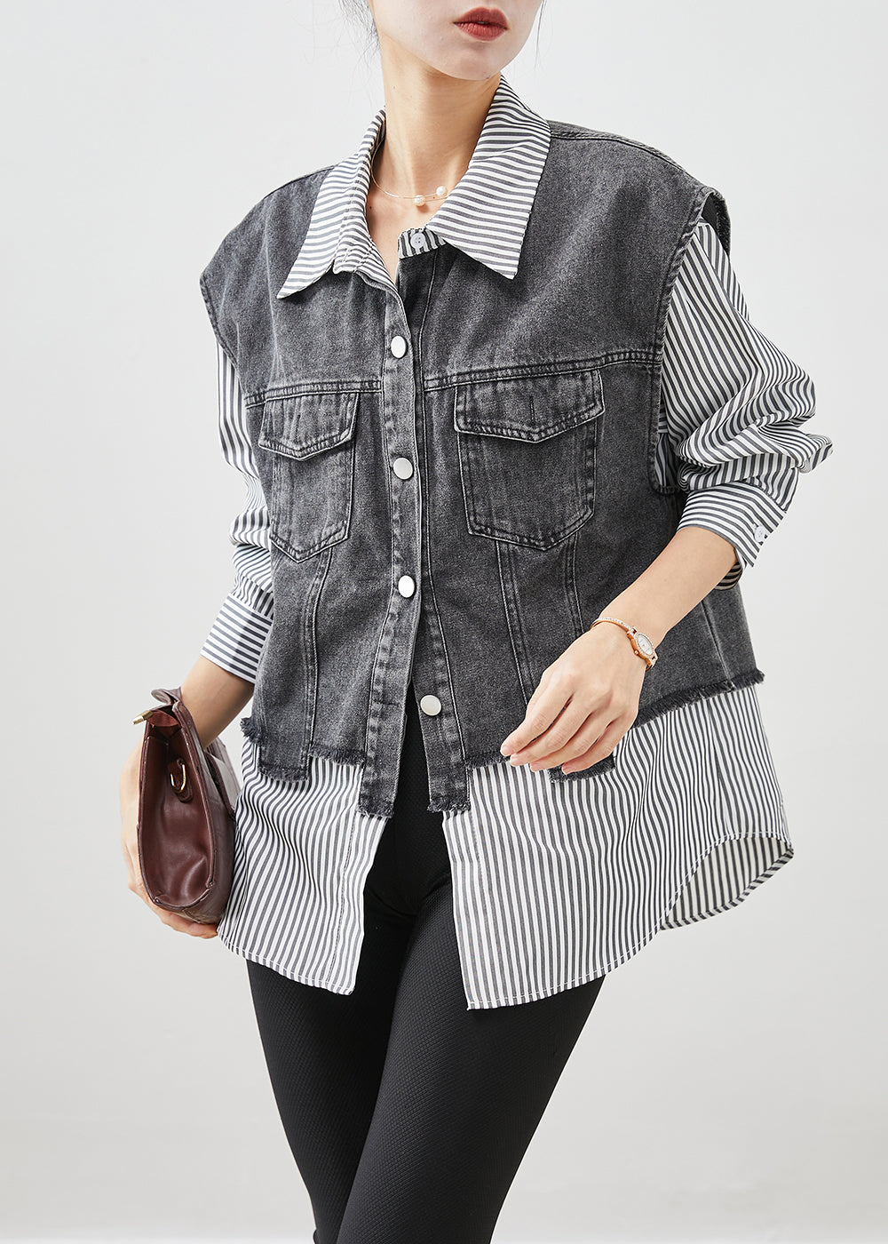 Black Striped Patchwork Denim Coat Outwear Fall