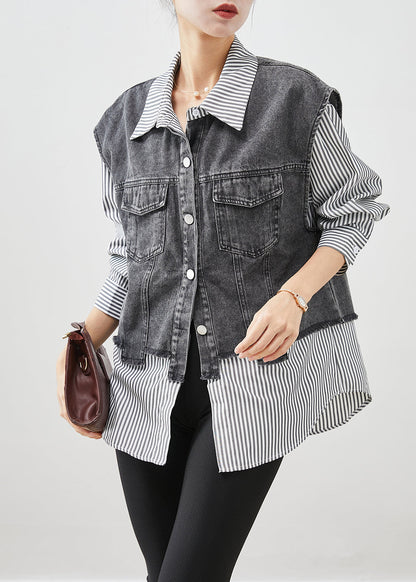 Black Striped Patchwork Denim Coat Outwear Fall
