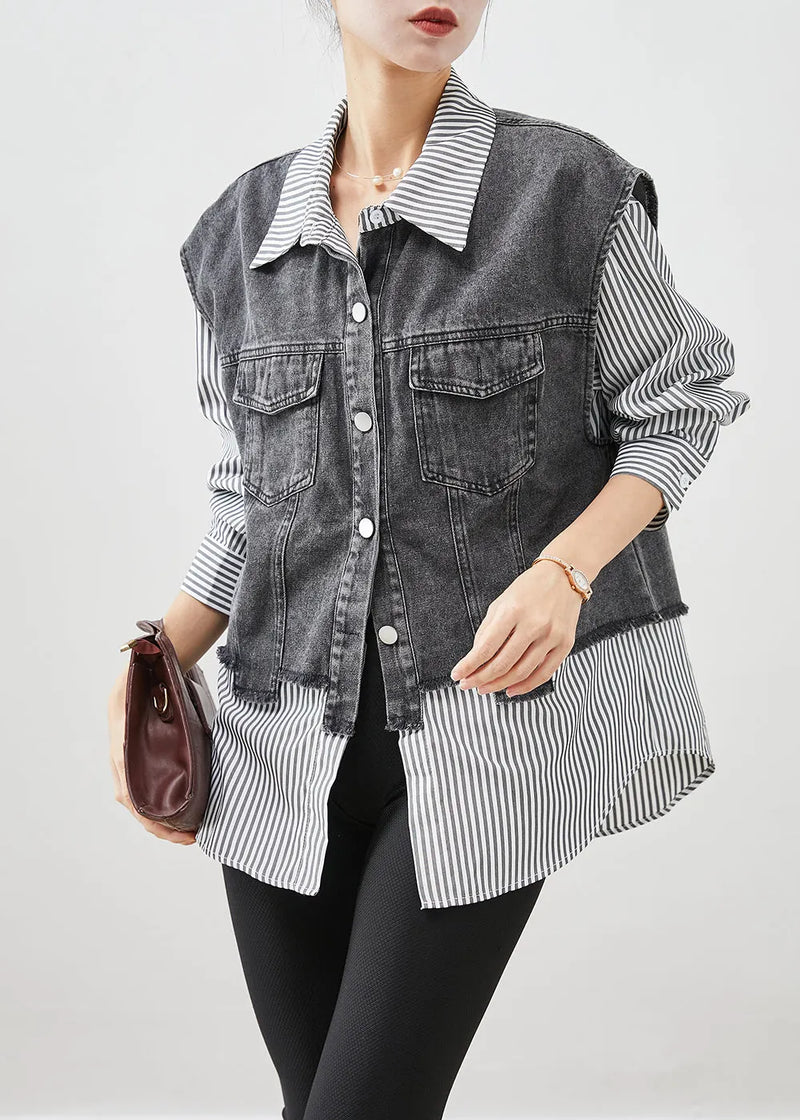 Black Striped Patchwork Denim Coat Outwear Fall