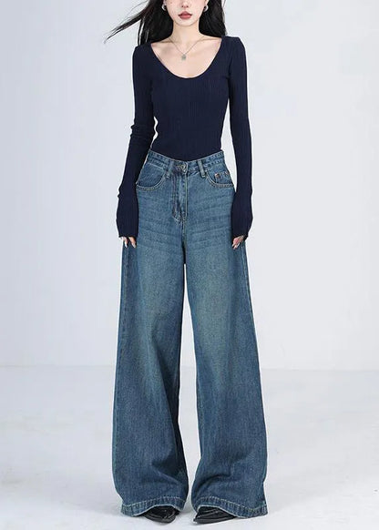 Blue Pockets High Waist Denim Wide Leg Pants Spring