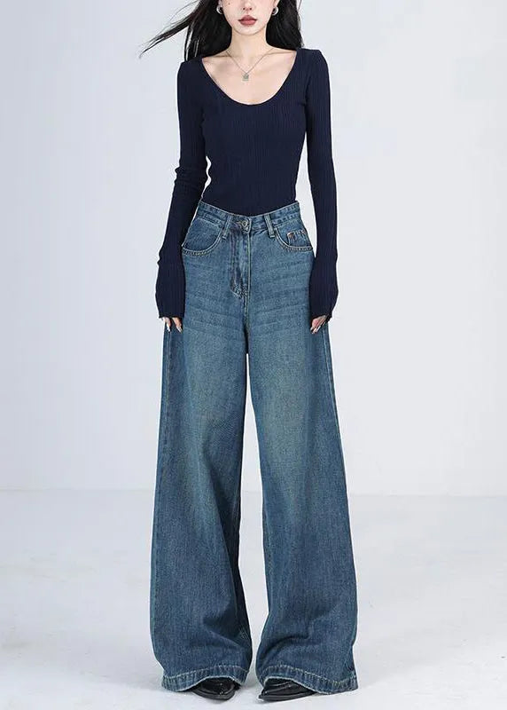 Blue Pockets High Waist Denim Wide Leg Pants Spring
