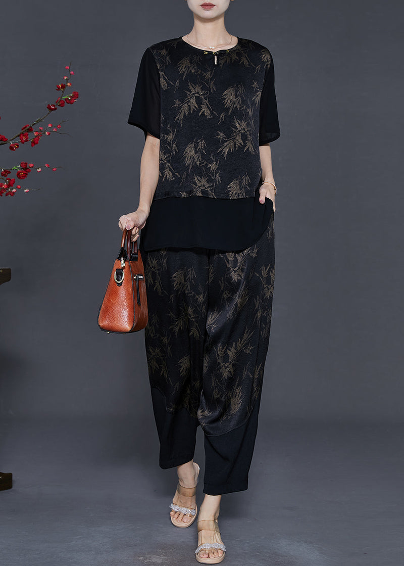 Black Patchwork Silk Two Piece Set Clothing Print Summer