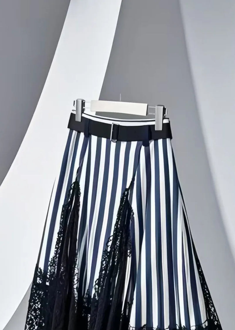 Modern Navy Striped Patchwork Lace Skirt Summer