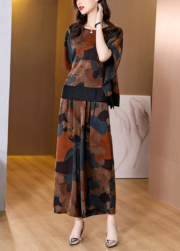 Colorblock O-neck Patchwork Silk Top and Crop Pants Two Pieces Set Batwing Sleeve