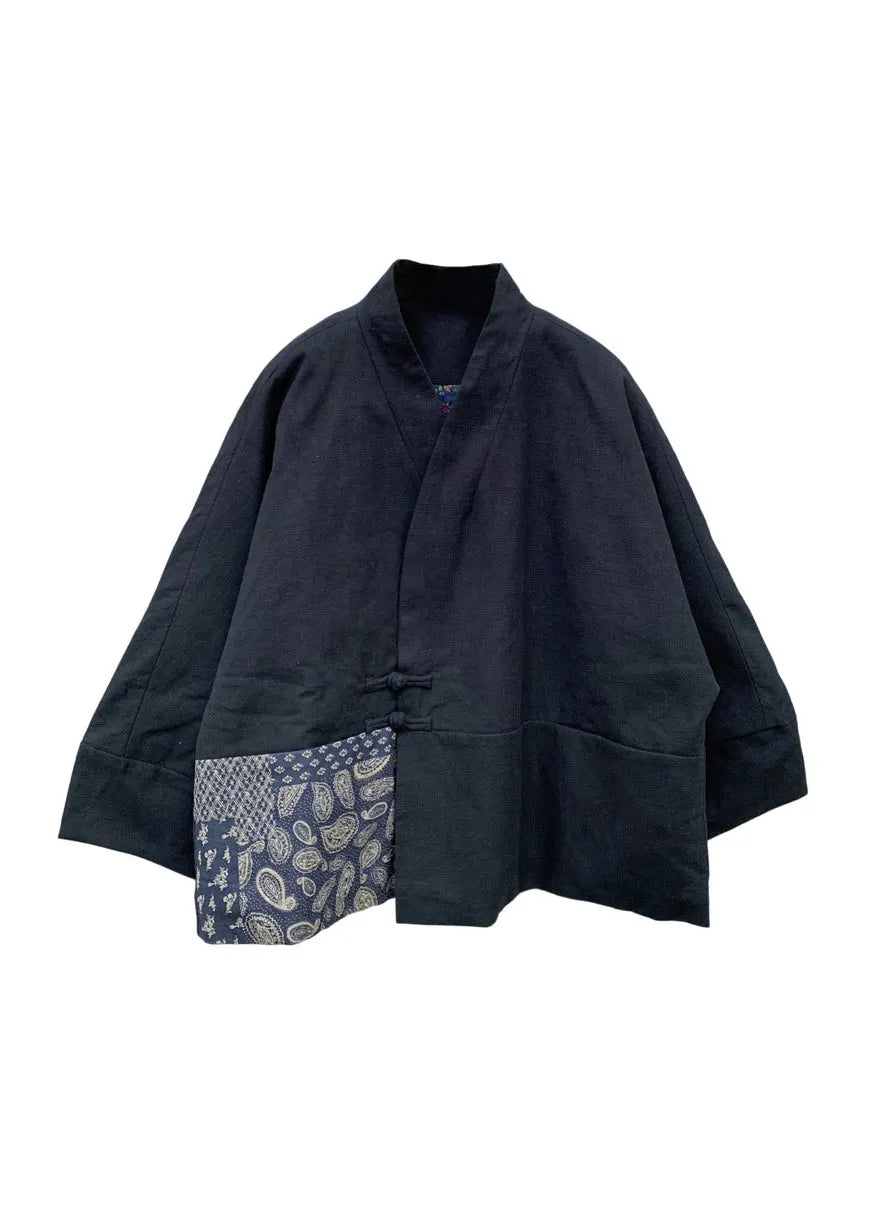 Black V Neck Pockets Patchwork Fine Cotton Filled Coat Batwing Sleeve