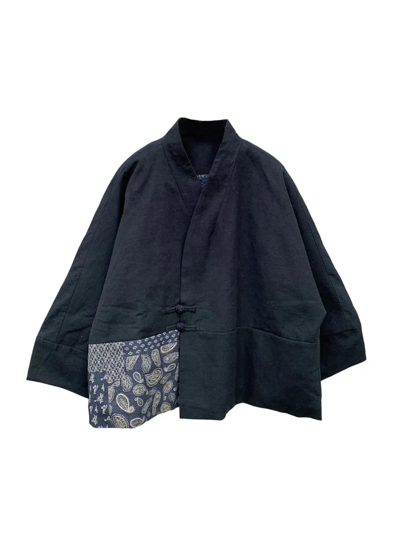 Black V Neck Pockets Patchwork Fine Cotton Filled Coat Batwing Sleeve