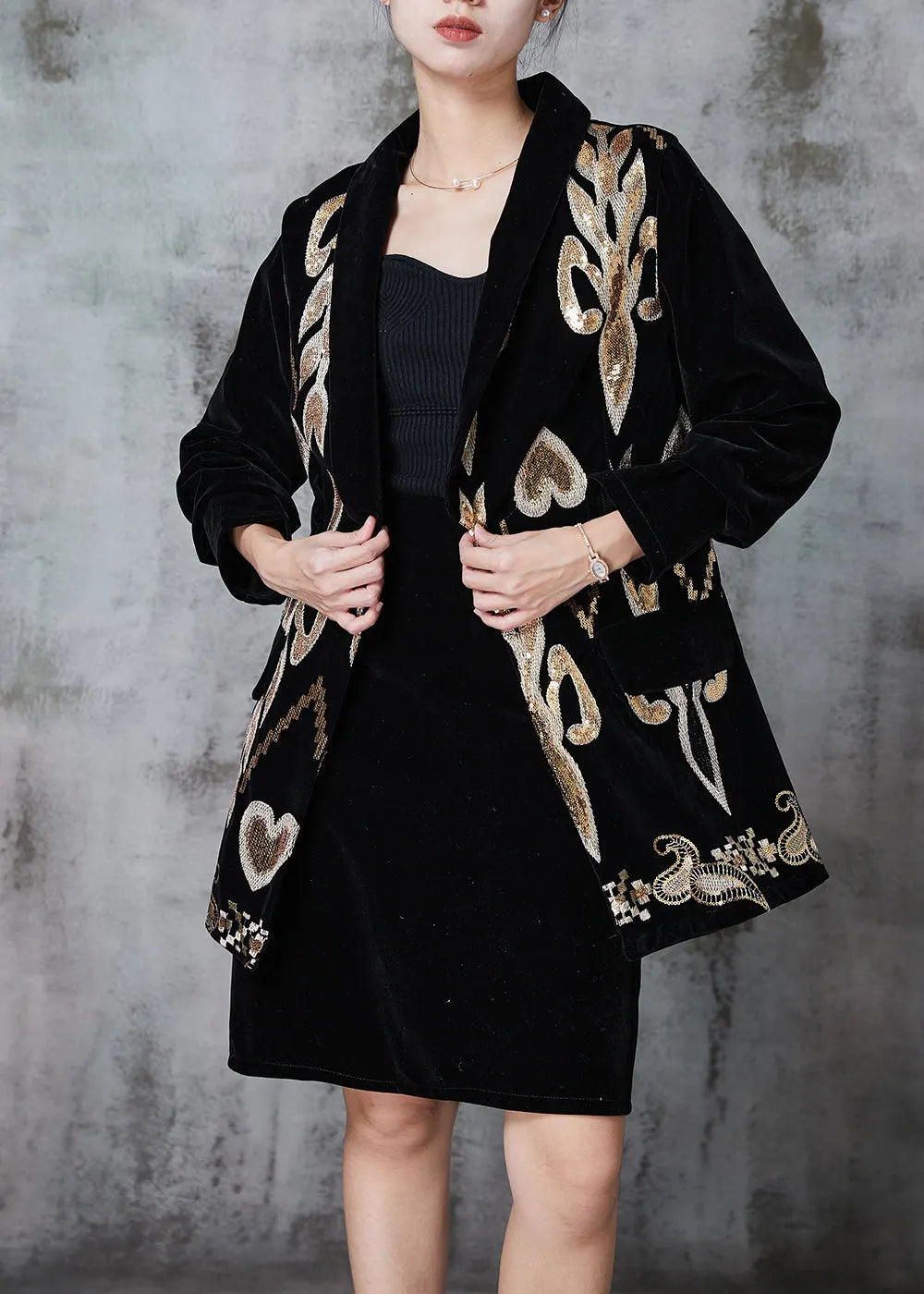 French Black Sequins Silk Velour Two Pieces Set Spring