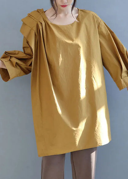 Italian Yellow O-neck Asymmetrical Cotton Top Fall
