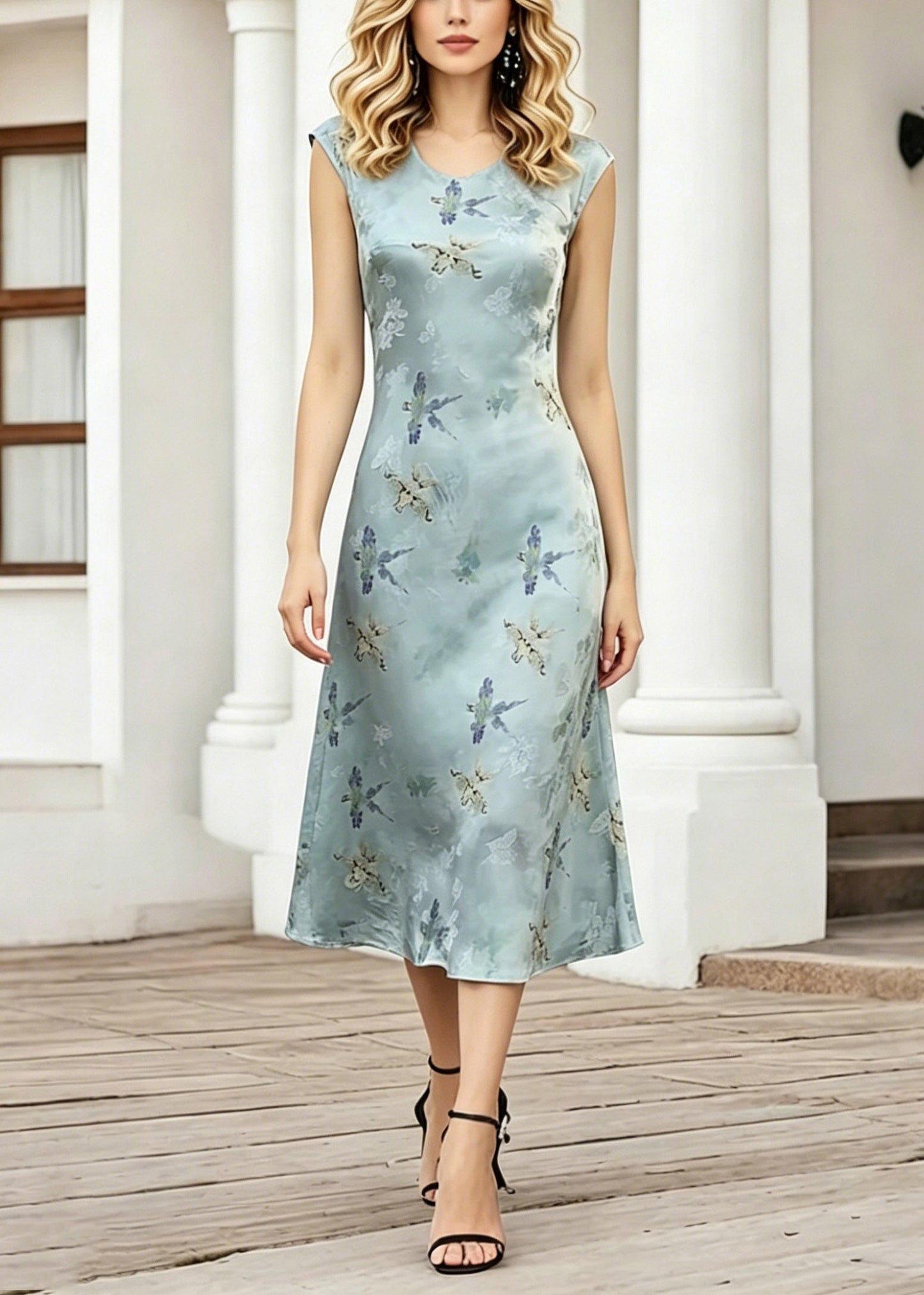 Blue O-neck Print Long Dress Short Sleeve