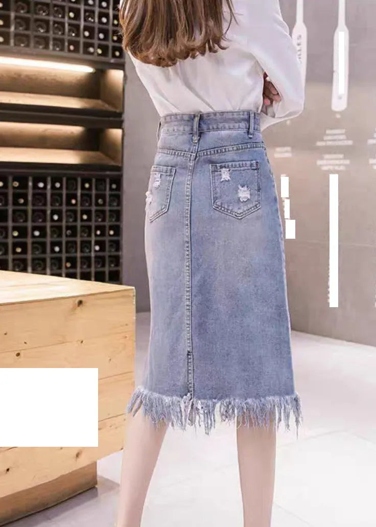 Blue Asymmetrical Patchwork Tassel Hole Denim Skirts Summer