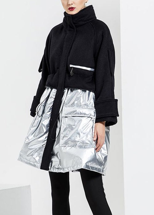French Black Drawstring Woolen Patchwork Cotton Blend Coat Long Sleeve