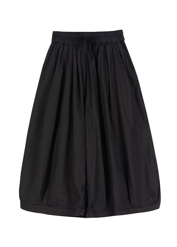Black Cinched Pockets Cotton Lantern Pants Spring