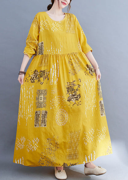 Yellow O-neck Wrinkled Print Cotton Loose Dress Long Sleeve